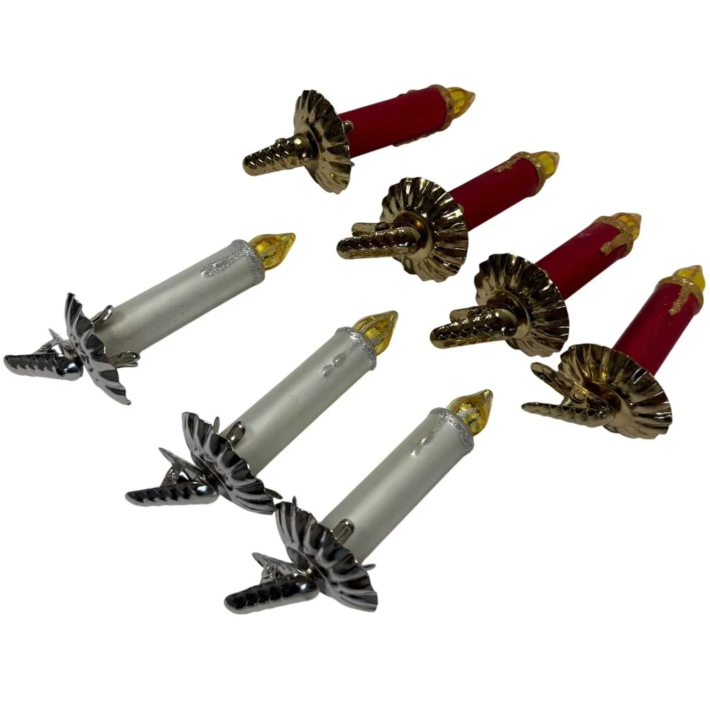 Vintage Style Glass Clip On Candle Christmas Ornaments Red White Glitter Set 7